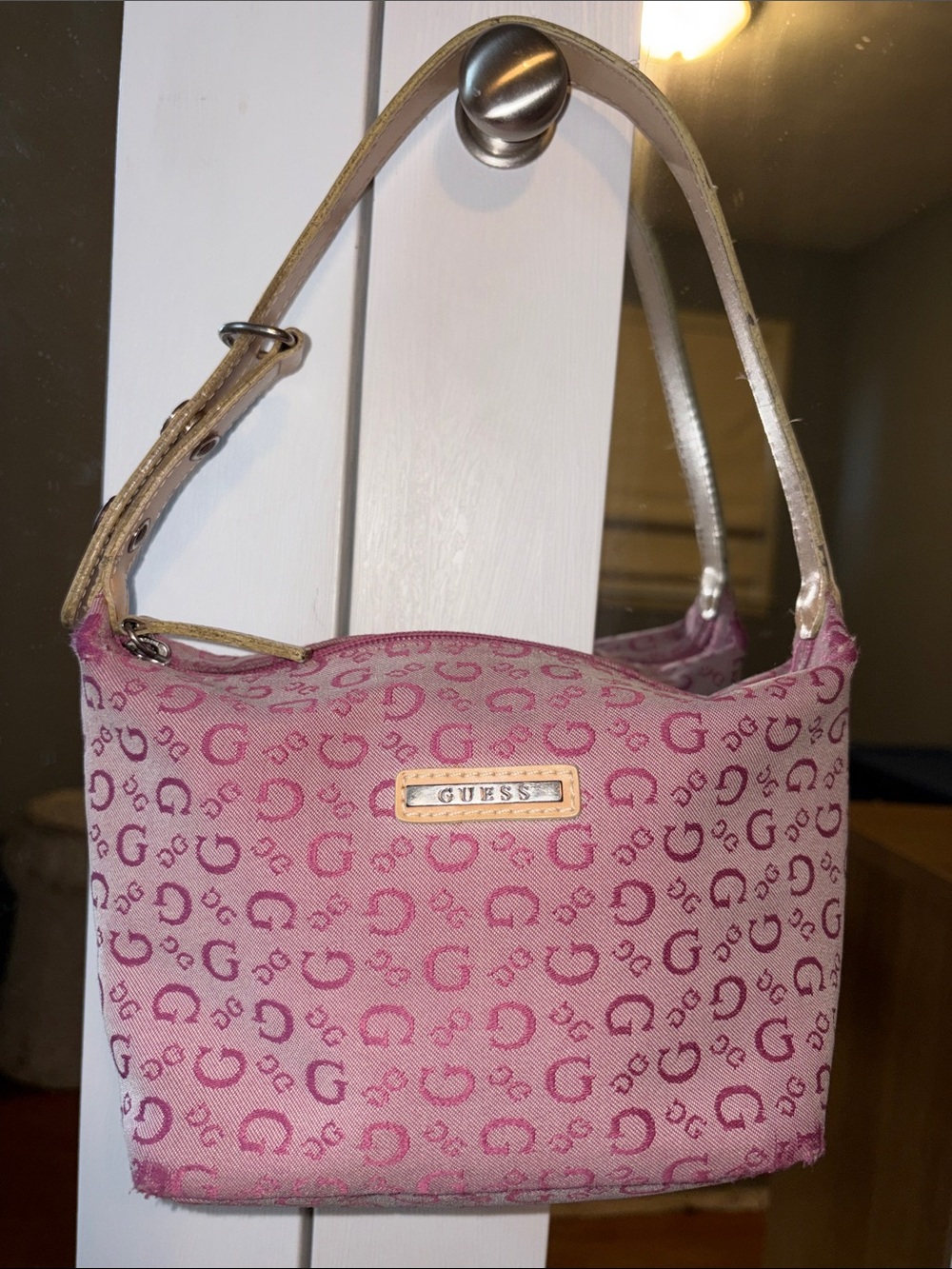 Guess Pink Signature G Monogram Shoulder Bag with Beige Strap